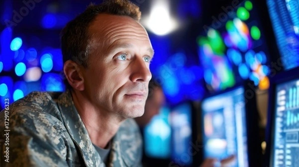 Fototapeta Senior military officer in uniform analyzing data on multiple screens in a high-tech control room. Ideal for defense, technology, and leadership themes.
