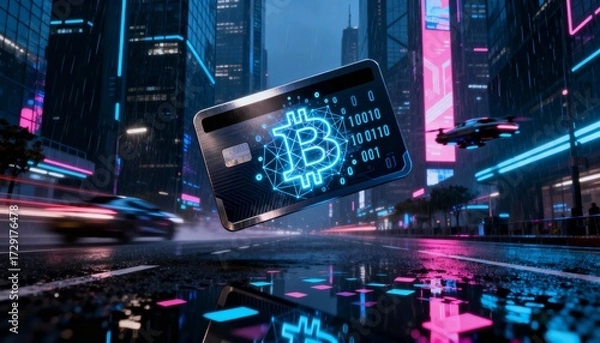 Fototapeta Innovative cryptocurrency action in cyberpunk city digital finance environment futuristic viewpoint
