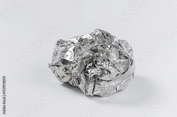 Fototapeta A crumpled piece of shiny metal foil against a plain white backdrop