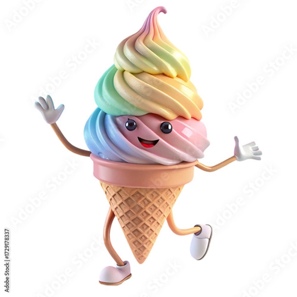 Fototapeta Cartoon ice cream cone character with rainbow swirl, smiling and waving on a black background