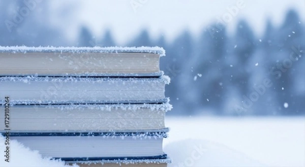 Fototapeta Stack of books covered in snow outdoors with a blurred winter background scene view
