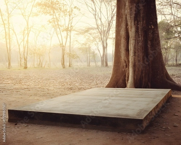 Fototapeta A quiet stone platform beneath a sacred bodhi tree in a sunlit forest clearing. Peaceful, spiritual, and empty—perfect for themes of reflection, mindfulness, or inner awakening.
