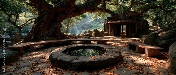 Fototapeta A quiet stone platform beneath a sacred bodhi tree in a sunlit forest clearing. Peaceful, spiritual, and empty—perfect for themes of reflection, mindfulness, or inner awakening.
