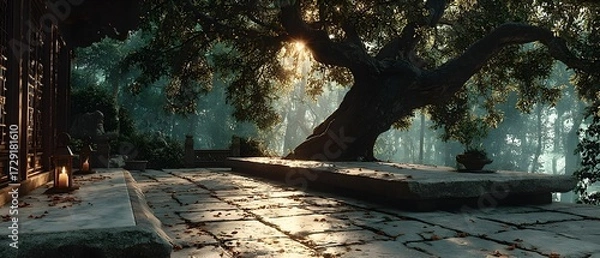 Fototapeta A quiet stone platform beneath a sacred bodhi tree in a sunlit forest clearing. Peaceful, spiritual, and empty—perfect for themes of reflection, mindfulness, or inner awakening.