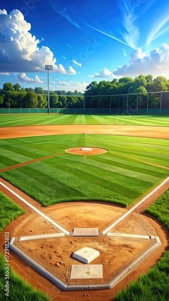 Fototapeta Scenic Baseball Field with Clear Skies and Lush Green Grass