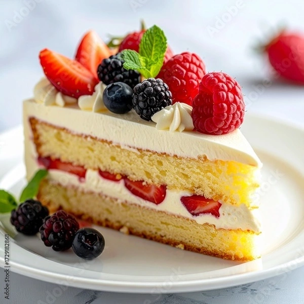 Obraz Close-up of a fluffy sponge cake slice, layered with cream and fresh fruits, served on a clean plate, elegant dessert photography style
