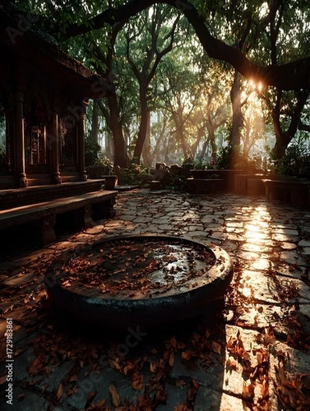 Fototapeta A quiet stone platform beneath a sacred bodhi tree in a sunlit forest clearing. Peaceful, spiritual, and empty—perfect for themes of reflection, mindfulness, or inner awakening.