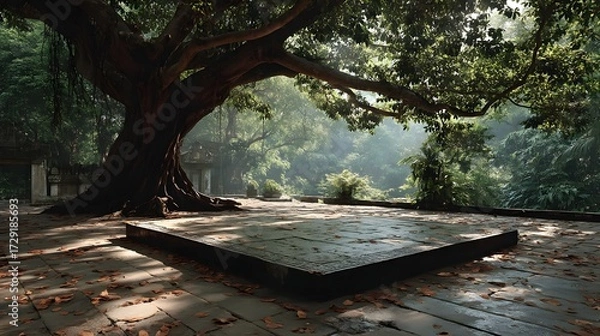 Fototapeta A quiet stone platform beneath a sacred bodhi tree in a sunlit forest clearing. Peaceful, spiritual, and empty—perfect for themes of reflection, mindfulness, or inner awakening.