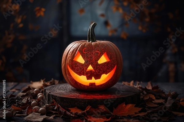 Obraz Illuminated pumpkin sculpture with intricate designs on a table surrounded by foliage