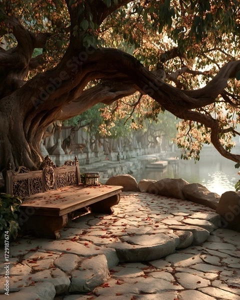 Fototapeta A quiet stone platform beneath a sacred bodhi tree in a sunlit forest clearing. Peaceful, spiritual, and empty—perfect for themes of reflection, mindfulness, or inner awakening.