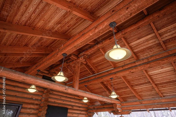Fototapeta Exposed wooden beams and ceiling with warm pendant lights in a rustic log cabin interior