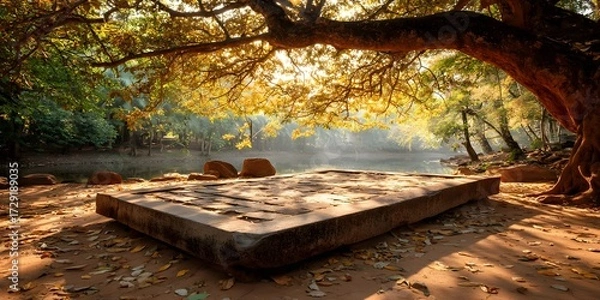 Fototapeta A quiet stone platform beneath a sacred bodhi tree in a sunlit forest clearing. Peaceful, spiritual, and empty—perfect for themes of reflection, mindfulness, or inner awakening.