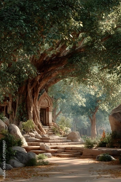 Fototapeta A quiet stone platform beneath a sacred bodhi tree in a sunlit forest clearing. Peaceful, spiritual, and empty—perfect for themes of reflection, mindfulness, or inner awakening.