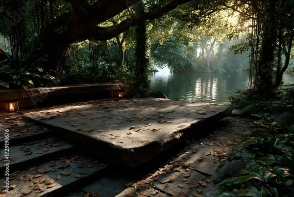 Fototapeta A quiet stone platform beneath a sacred bodhi tree in a sunlit forest clearing. Peaceful, spiritual, and empty—perfect for themes of reflection, mindfulness, or inner awakening.