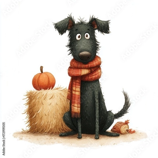 Fototapeta Cute Black Dog with Scarf and Pumpkin Surrounded by Hay in a Playful Fall Setting