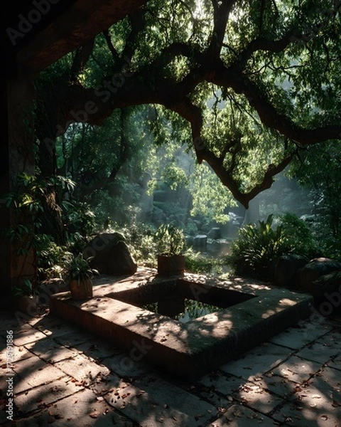 Fototapeta A quiet stone platform beneath a sacred bodhi tree in a sunlit forest clearing. Peaceful, spiritual, and empty—perfect for themes of reflection, mindfulness, or inner awakening.