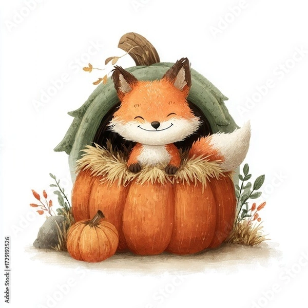 Fototapeta Cute Fox Smiling from Pumpkin Patch with Autumn Leaves and Cozy Surroundings