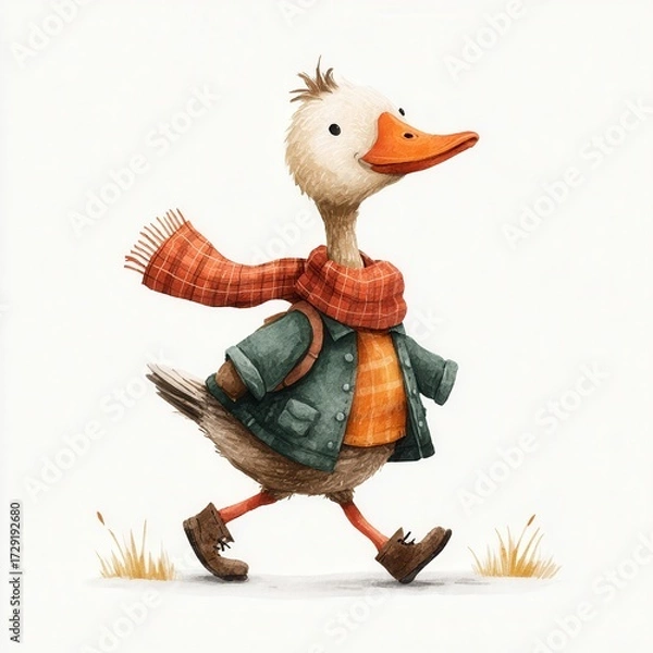 Fototapeta Charming Illustration of a Quirky Duck Wearing a Scarf and Backpack in Autumn Style