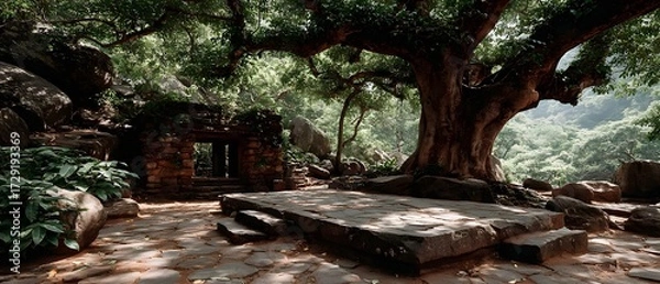 Fototapeta A quiet stone platform beneath a sacred bodhi tree in a sunlit forest clearing. Peaceful, spiritual, and empty—perfect for themes of reflection, mindfulness, or inner awakening.
