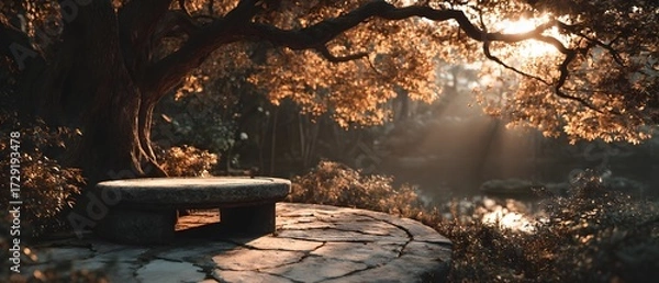 Fototapeta A quiet stone platform beneath a sacred bodhi tree in a sunlit forest clearing. Peaceful, spiritual, and empty—perfect for themes of reflection, mindfulness, or inner awakening.