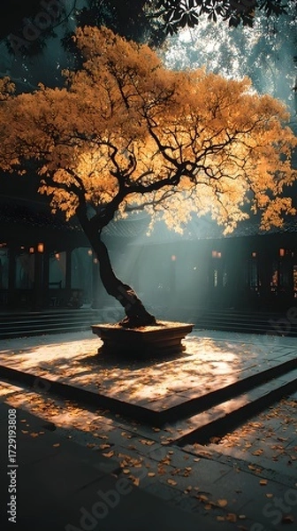 Fototapeta A quiet stone platform beneath a sacred bodhi tree in a sunlit forest clearing. Peaceful, spiritual, and empty—perfect for themes of reflection, mindfulness, or inner awakening.