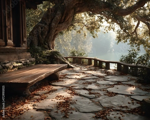 Fototapeta A quiet stone platform beneath a sacred bodhi tree in a sunlit forest clearing. Peaceful, spiritual, and empty—perfect for themes of reflection, mindfulness, or inner awakening.