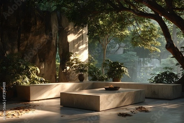 Fototapeta A quiet stone platform beneath a sacred bodhi tree in a sunlit forest clearing. Peaceful, spiritual, and empty—perfect for themes of reflection, mindfulness, or inner awakening.