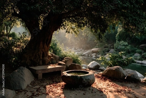 Fototapeta A quiet stone platform beneath a sacred bodhi tree in a sunlit forest clearing. Peaceful, spiritual, and empty—perfect for themes of reflection, mindfulness, or inner awakening.