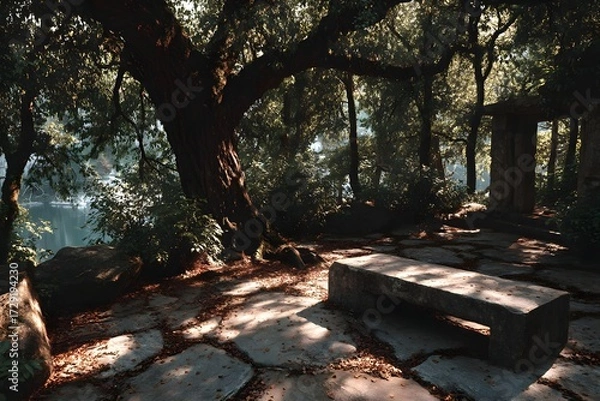 Fototapeta A quiet stone platform beneath a sacred bodhi tree in a sunlit forest clearing. Peaceful, spiritual, and empty—perfect for themes of reflection, mindfulness, or inner awakening.