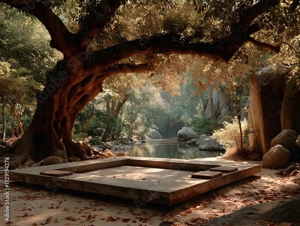 Fototapeta A quiet stone platform beneath a sacred bodhi tree in a sunlit forest clearing. Peaceful, spiritual, and empty—perfect for themes of reflection, mindfulness, or inner awakening.