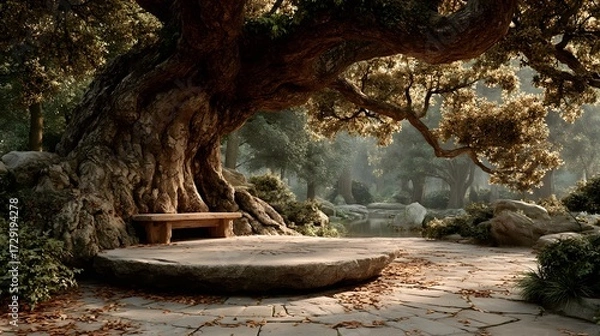 Fototapeta A quiet stone platform beneath a sacred bodhi tree in a sunlit forest clearing. Peaceful, spiritual, and empty—perfect for themes of reflection, mindfulness, or inner awakening.