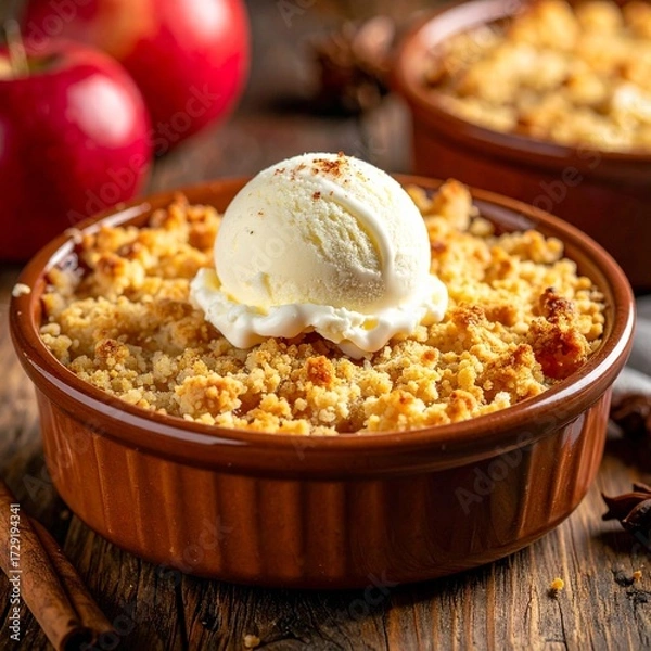 Obraz Close-up of a warm apple crumble dessert in a ceramic dish, topped with golden crumb and a scoop of vanilla ice cream, served on a rustic wooden table, cozy dessert photography style