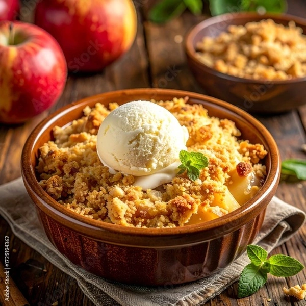 Obraz Close-up of a warm apple crumble dessert in a ceramic dish, topped with golden crumb and a scoop of vanilla ice cream, served on a rustic wooden table, cozy dessert photography style