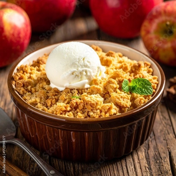 Obraz Close-up of a warm apple crumble dessert in a ceramic dish, topped with golden crumb and a scoop of vanilla ice cream, served on a rustic wooden table, cozy dessert photography style