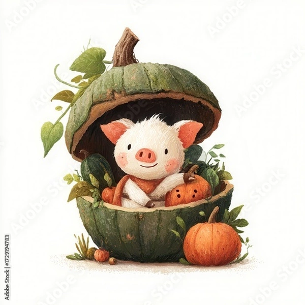 Fototapeta Cute pig character inside a pumpkin shell surrounded by plants and autumn elements