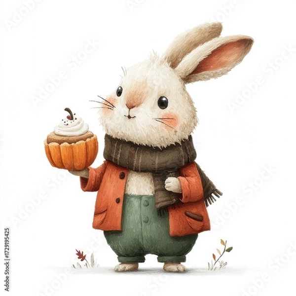 Fototapeta Cute rabbit character holding a pumpkin cupcake in a cozy autumn setting