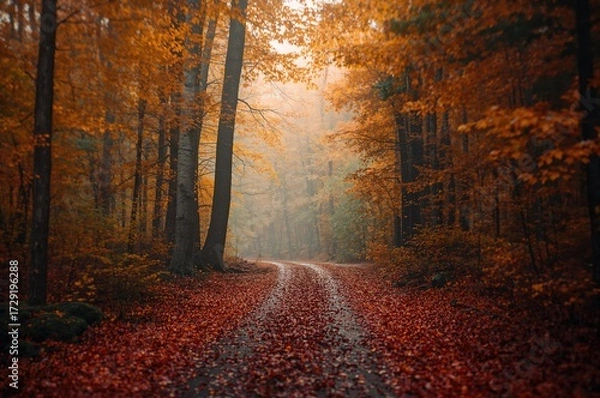 Obraz Narrow trail through thick fall woods