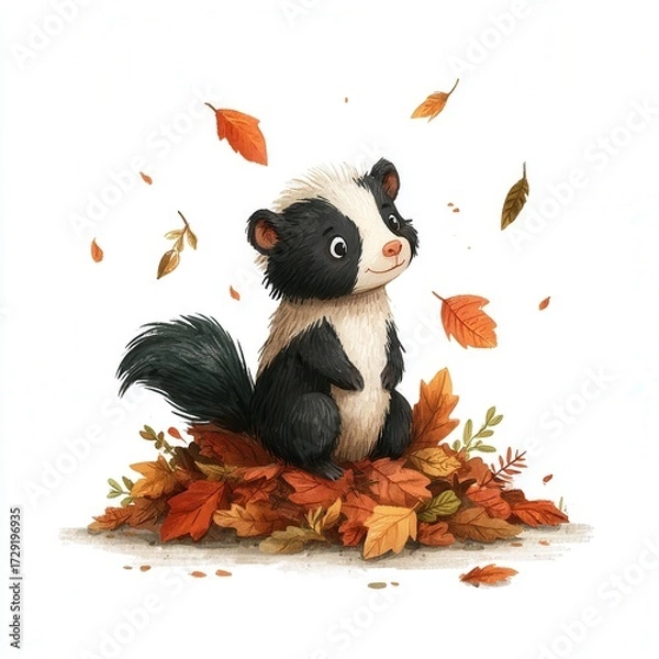 Fototapeta Cute cartoon panda character surrounded by colorful autumn leaves in a playful setting
