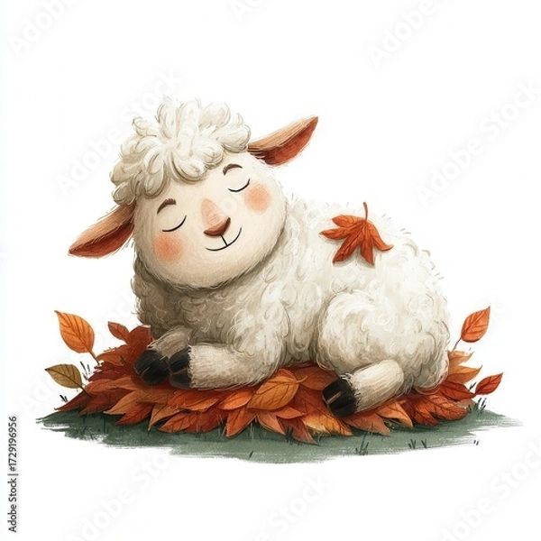 Fototapeta Cute cartoon sheep resting on colorful autumn leaves in an illustrated style