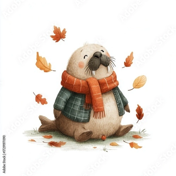 Fototapeta Cute Cartoon Otter in Cozy Sweater Surrounded by Fall Leaves and Autumn Vibes