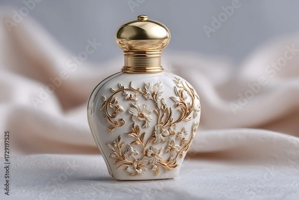 Obraz An elegant perfume bottle with decorative elements, highlighted against a soft, neutral background, evoking luxury and sophistication.