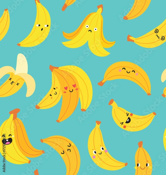 Fototapeta Kawaii Banana Seamless Pattern on mint. Cute Smiling Fruits