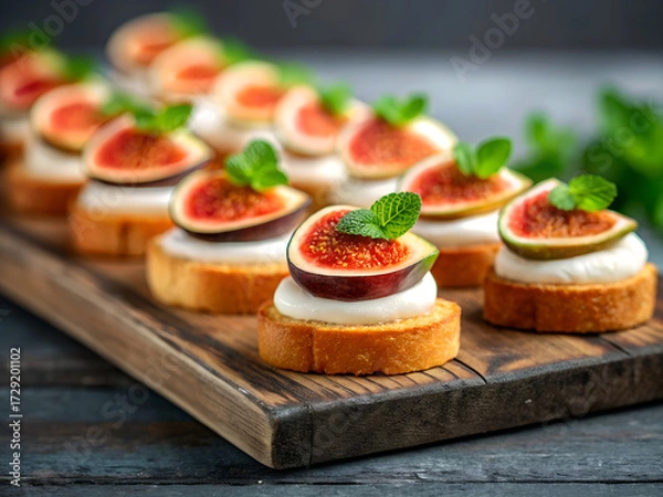 Obraz Deliciously arranged fresh figs and cream cheese on toasted baguette slices garnished with mint leaves