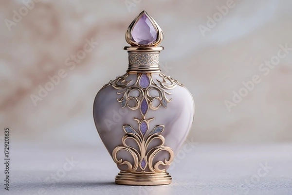 Obraz An elegant perfume bottle with decorative elements, highlighted against a soft, neutral background, evoking luxury and sophistication.