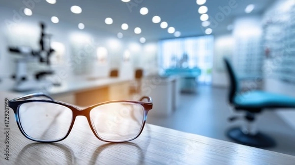 Fototapeta Close-up of stylish eyeglasses on a wooden table in a bright ophthalmologist's office, ideal for vision care, eyewear, or health-related promotions.