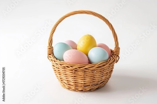 Fototapeta Vibrant Plastic Easter Eggs Arranged in a Woven Basket Against a White Backdrop
