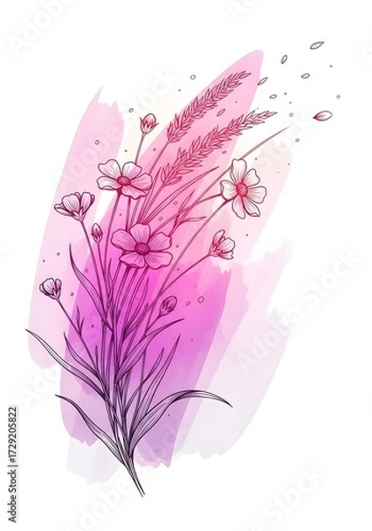 Fototapeta Black line art wildflowers and grass on an expressive vertical pink and purple watercolor splash background. Abstract nature illustration for design. Delicate bouquet outline on a vibrant artistic