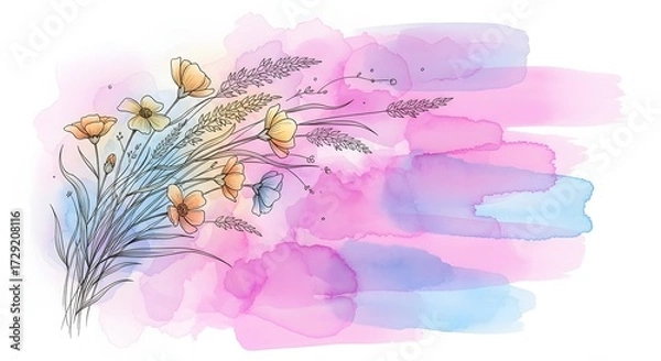 Fototapeta Line art wild flower bouquet on an expressive horizontal pink and blue watercolor wash background. Abstract feminine design. Outline of blossoms with delicate grass stems and soft paint strokes