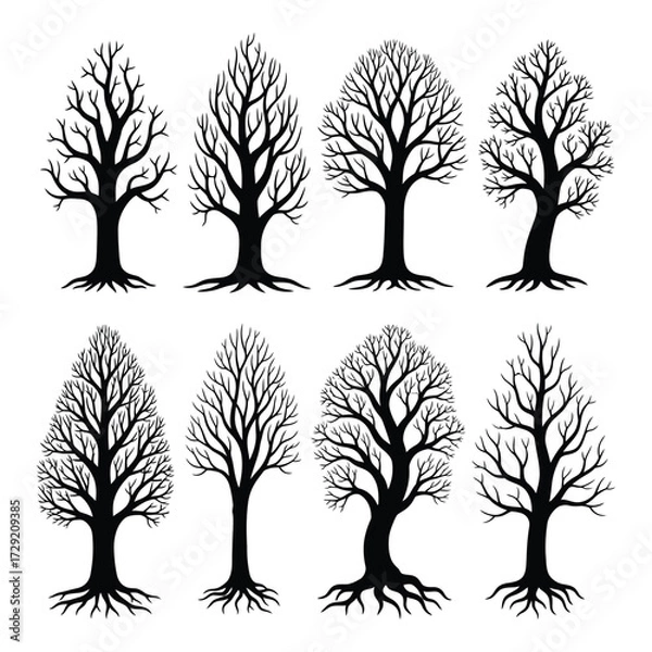 Obraz Collection of eight stylized bare winter tree silhouettes for design projects silhouette