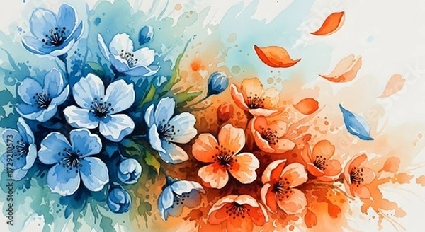 Fototapeta Vibrant watercolor floral background with blue and orange flowers divided by color, with floating petals. Artistic design and creative contrast. Expressive blossoms painted